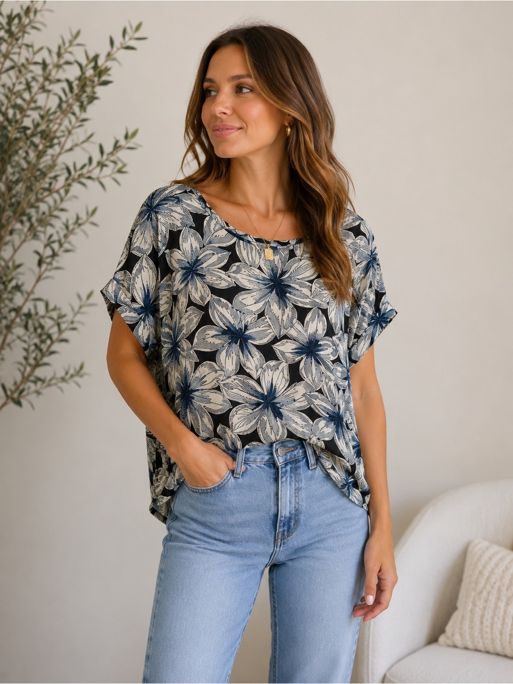 Banana Republic Black and Blue Boxy Short Sleeve Blouse